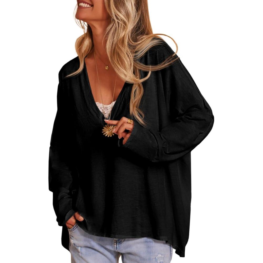 imageTankaneo Womens Oversized T Shirts Casual V Neck Batwing Long Sleeve Shirts Loose Fit Tunic TopsBlack