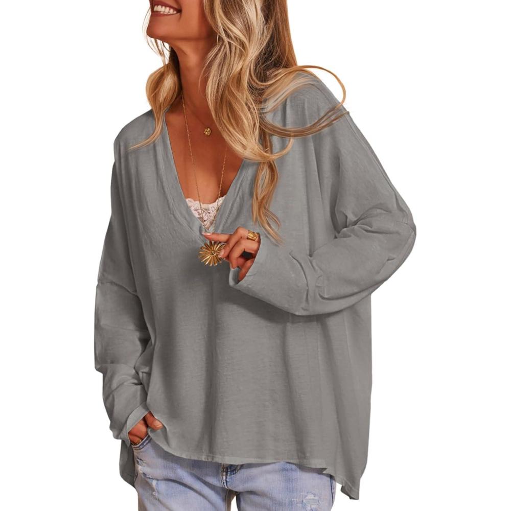 imageTankaneo Womens Oversized T Shirts Casual V Neck Batwing Long Sleeve Shirts Loose Fit Tunic TopsGray