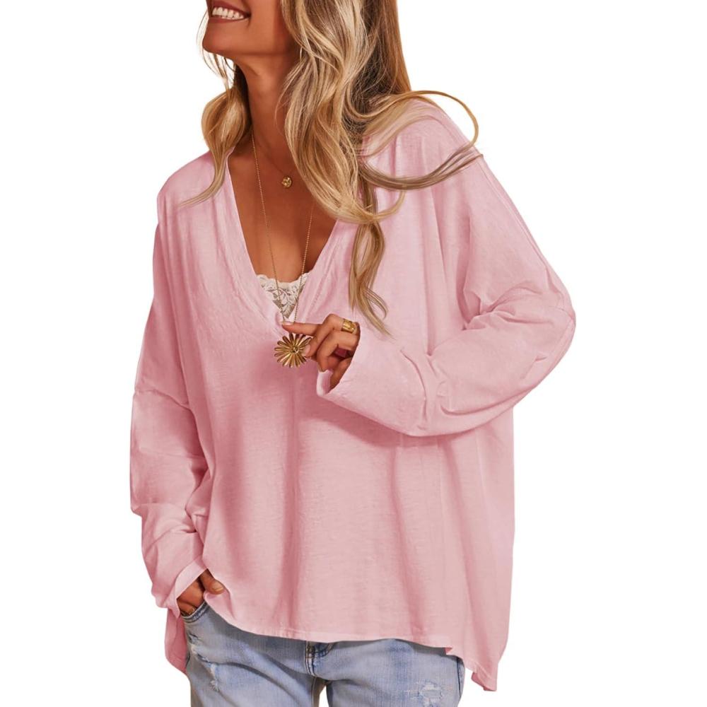 imageTankaneo Womens Oversized T Shirts Casual V Neck Batwing Long Sleeve Shirts Loose Fit Tunic TopsPink