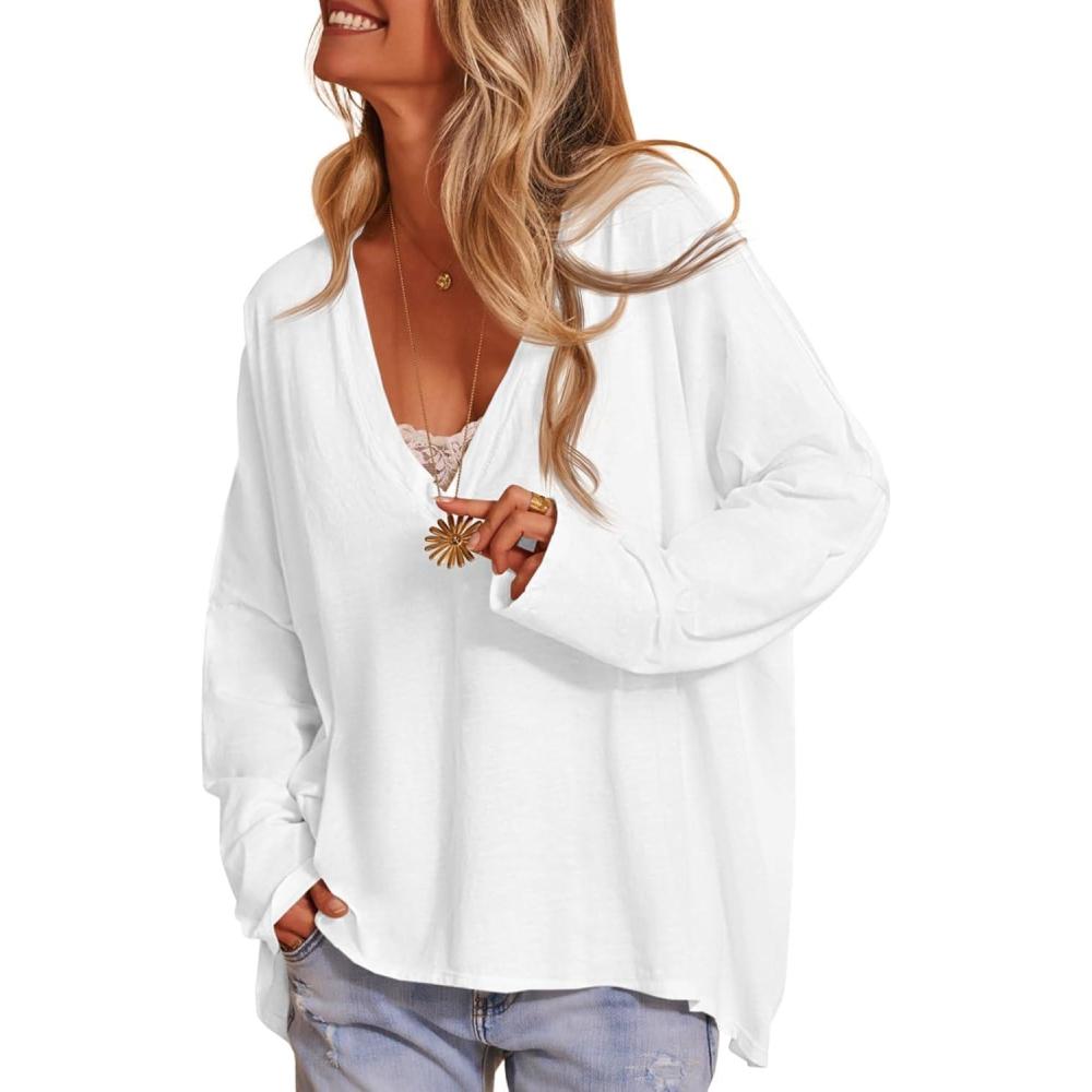 imageTankaneo Womens Oversized T Shirts Casual V Neck Batwing Long Sleeve Shirts Loose Fit Tunic TopsWhite