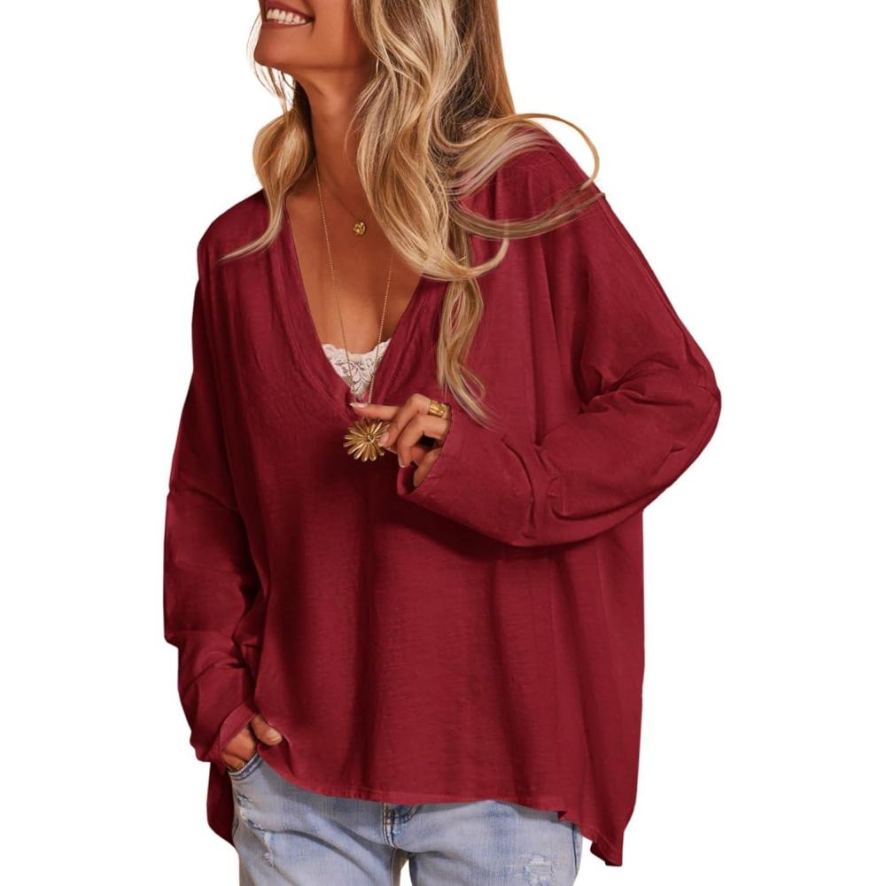 imageTankaneo Womens Oversized T Shirts Casual V Neck Batwing Long Sleeve Shirts Loose Fit Tunic TopsWine Red