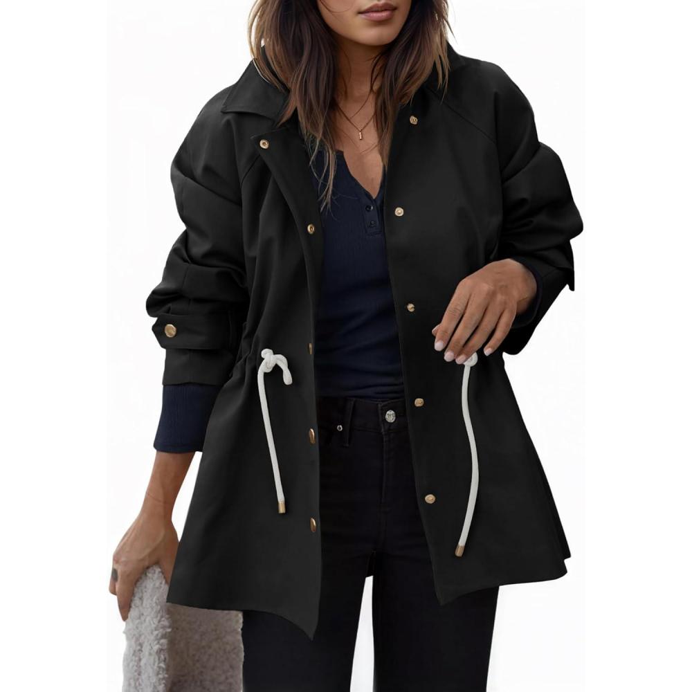 imageTankaneo Womens Oversized Trench Coat Mid Length Snap Button Fall Jacket Windproof Outerwear with DrawstringBlack