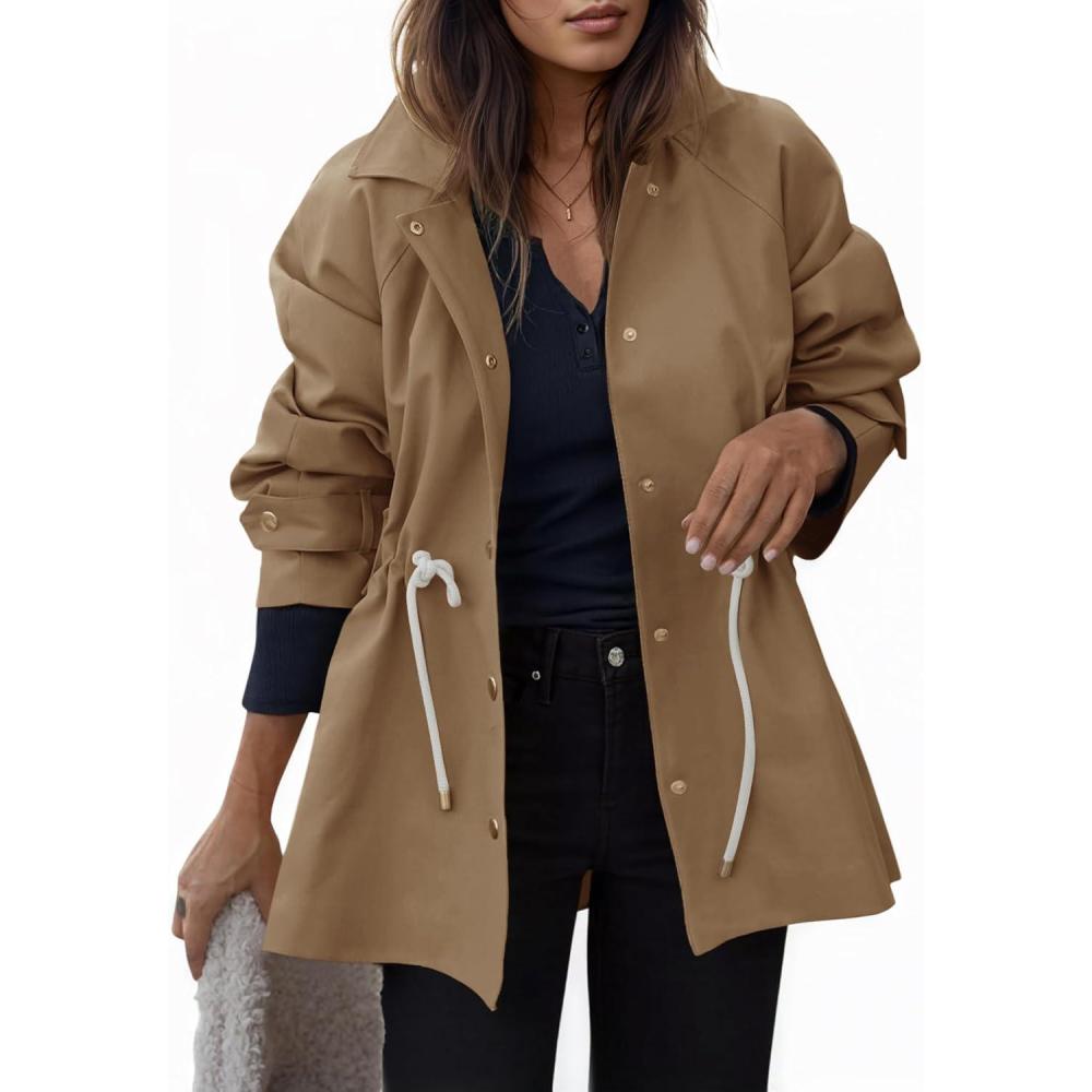 imageTankaneo Womens Oversized Trench Coat Mid Length Snap Button Fall Jacket Windproof Outerwear with DrawstringBrown