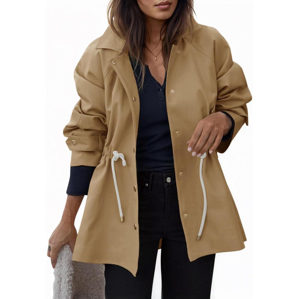 imageTankaneo Womens Oversized Trench Coat Mid Length Snap Button Fall Jacket Windproof Outerwear with DrawstringKhaki