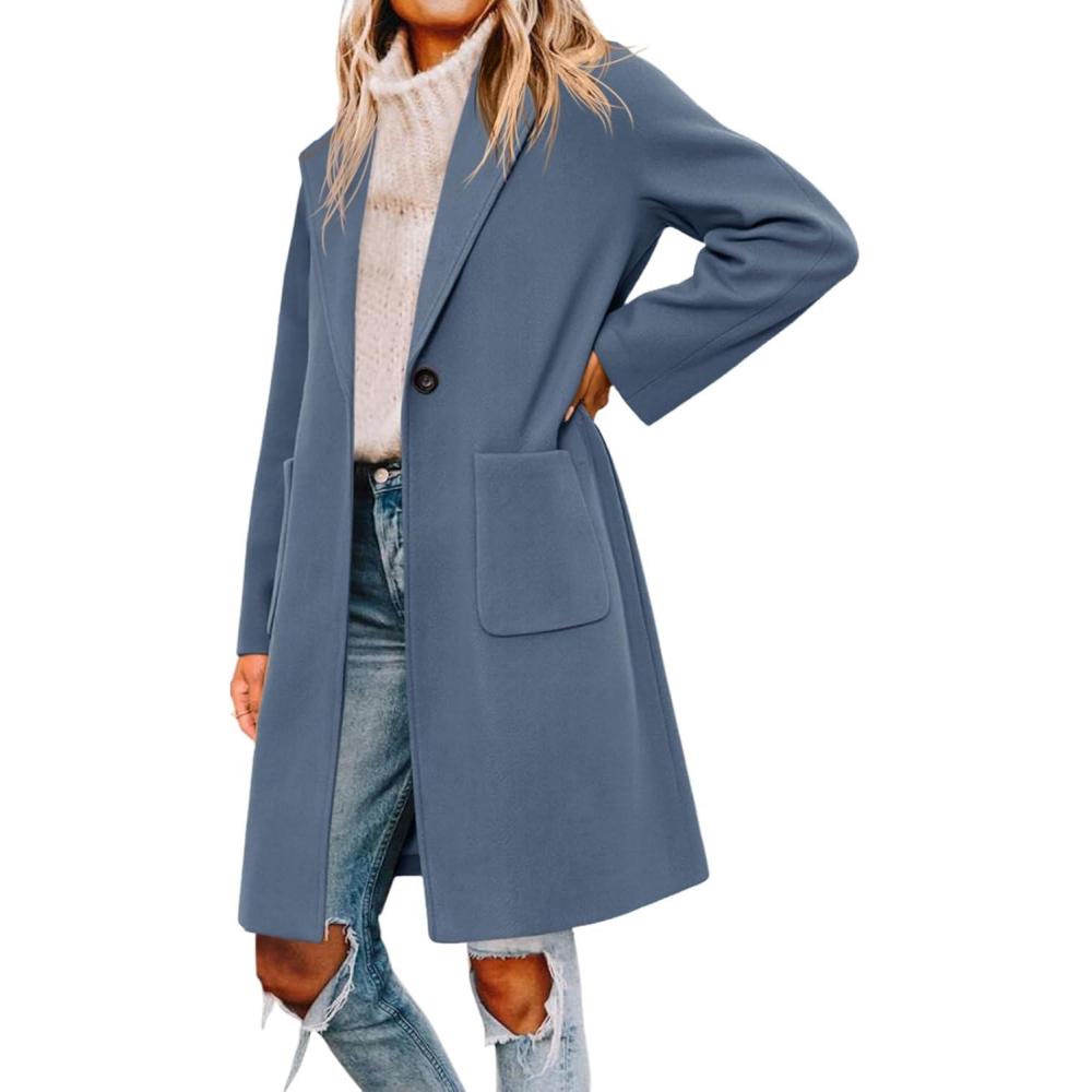 imageTankaneo Womens Pea Coat Notched Lapel Single Breasted Long Jacket Winter Casual Trench Coat OuterwearBlue