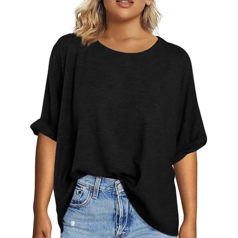 imageTankaneo Womens Plus Size Short Sleeve T Shirts Summer Half Sleeve Crew Neck Oversized Tees Casual Loose Fit Tunic TopsBlack