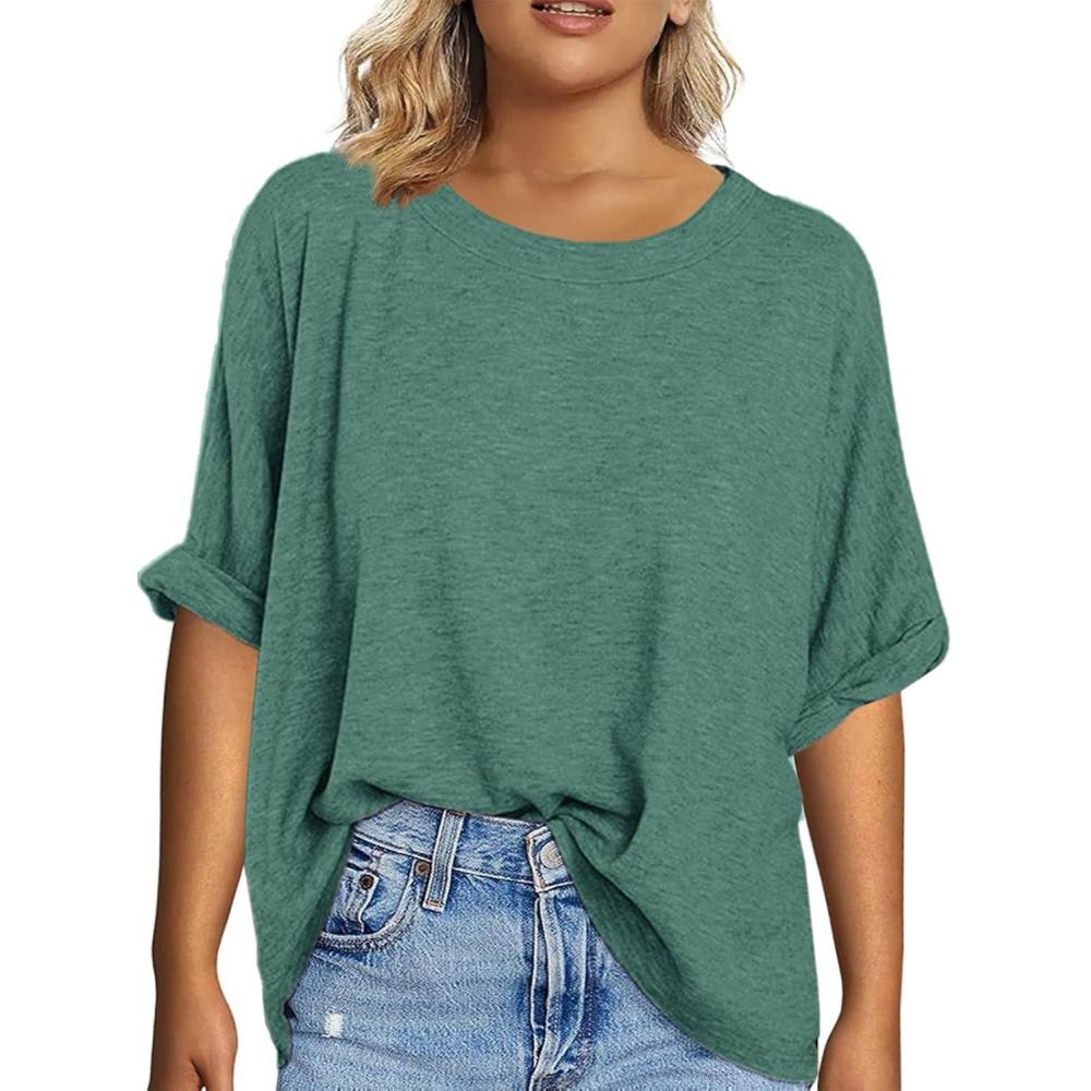 imageTankaneo Womens Plus Size Short Sleeve T Shirts Summer Half Sleeve Crew Neck Oversized Tees Casual Loose Fit Tunic TopsDark Green