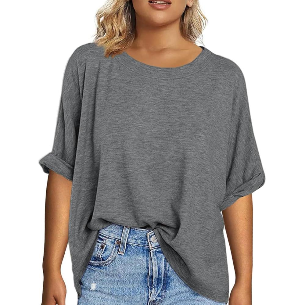 imageTankaneo Womens Plus Size Short Sleeve T Shirts Summer Half Sleeve Crew Neck Oversized Tees Casual Loose Fit Tunic TopsDark Grey