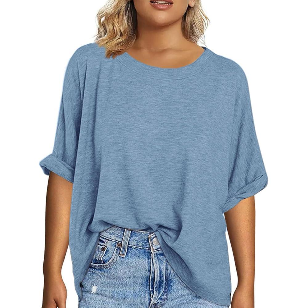 imageTankaneo Womens Plus Size Short Sleeve T Shirts Summer Half Sleeve Crew Neck Oversized Tees Casual Loose Fit Tunic TopsGrey Blue