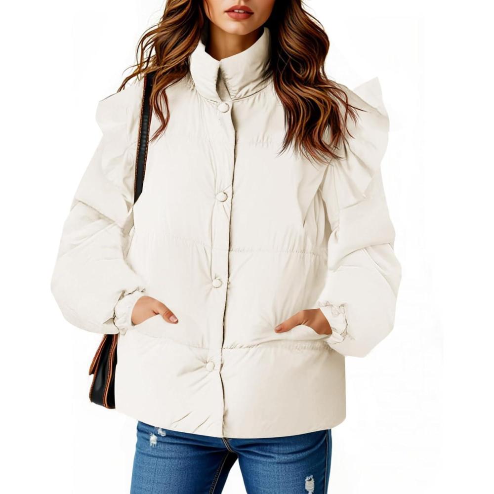 imageTankaneo Womens Puffer Quilted Jacket Winter Ruffle Sleeve Button Down Padded Coat with PocketsBeige