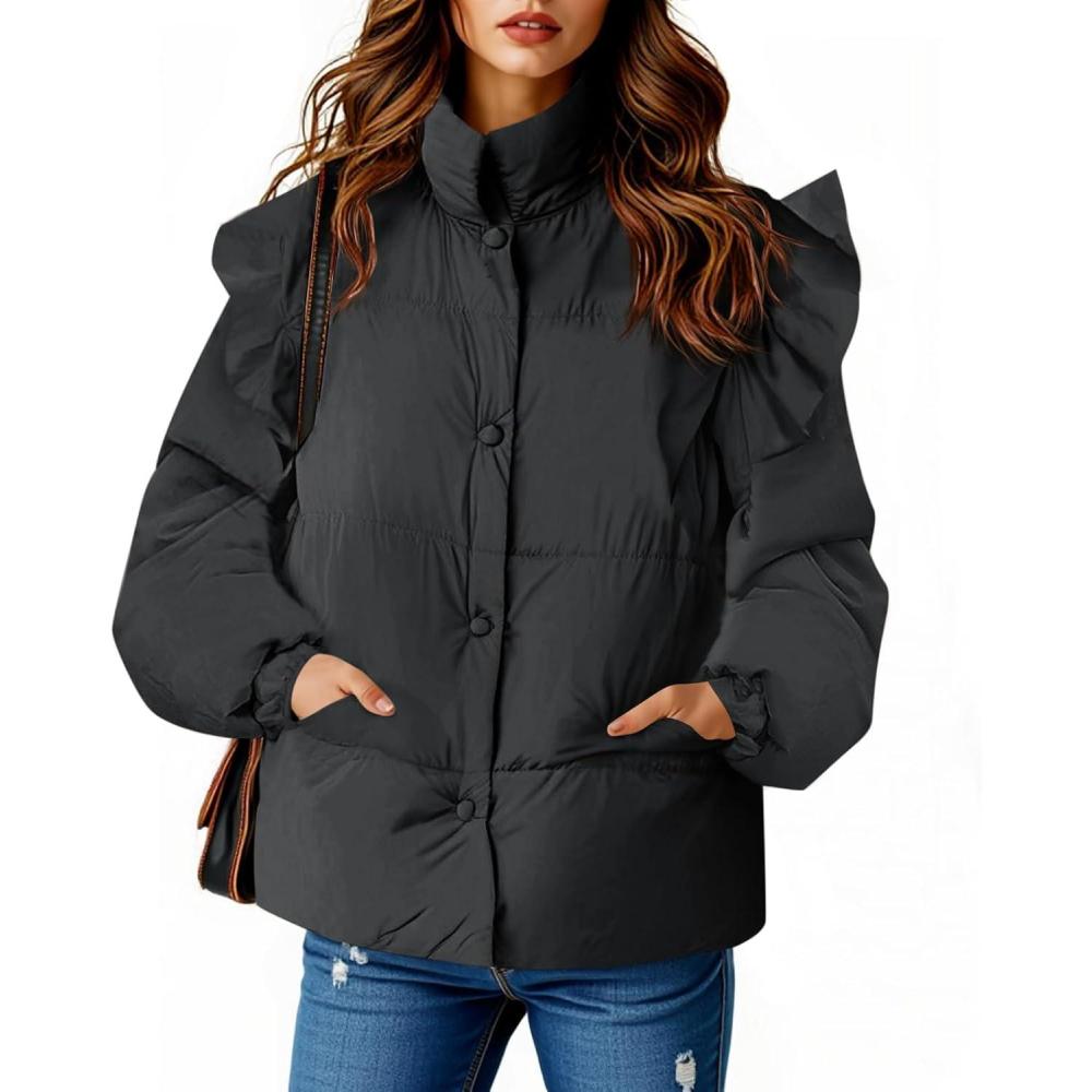 imageTankaneo Womens Puffer Quilted Jacket Winter Ruffle Sleeve Button Down Padded Coat with PocketsBlack