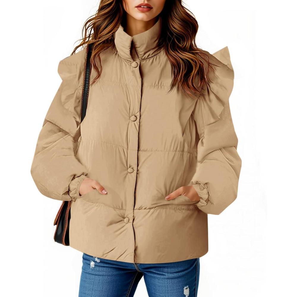 imageTankaneo Womens Puffer Quilted Jacket Winter Ruffle Sleeve Button Down Padded Coat with PocketsKhaki
