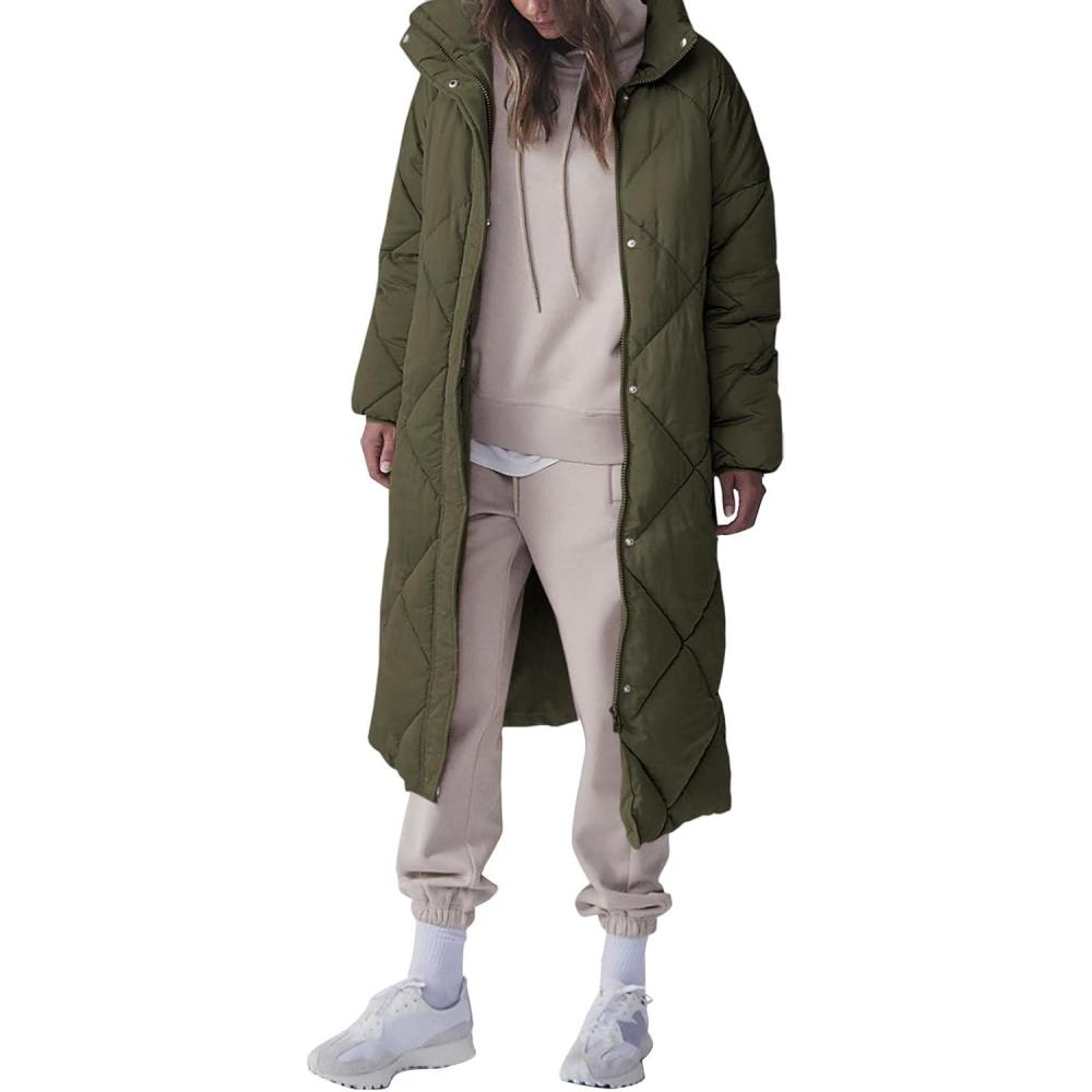 imageTankaneo Womens Quilted Puffer Jacket Long Winter Coats Zip Up Baggy Down Outerwear with PocketsArmy Green