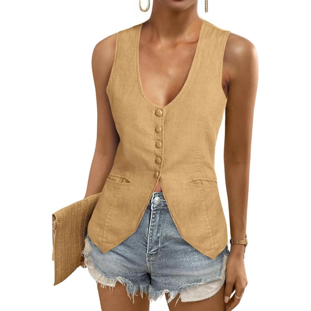 imageTankaneo Womens Scoop Neck Blazer Vest Summer Linen Sleeveless Fitted Waistcoat Work Casual Cotton Suit TopsCamel