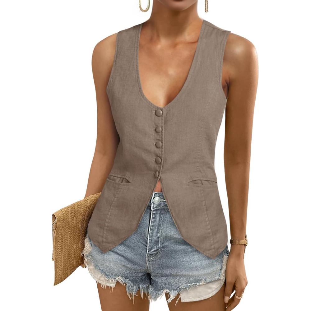 imageTankaneo Womens Scoop Neck Blazer Vest Summer Linen Sleeveless Fitted Waistcoat Work Casual Cotton Suit TopsCoffee