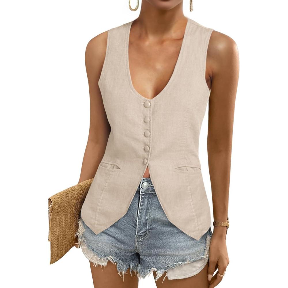 imageTankaneo Womens Scoop Neck Blazer Vest Summer Linen Sleeveless Fitted Waistcoat Work Casual Cotton Suit TopsLight Khaki
