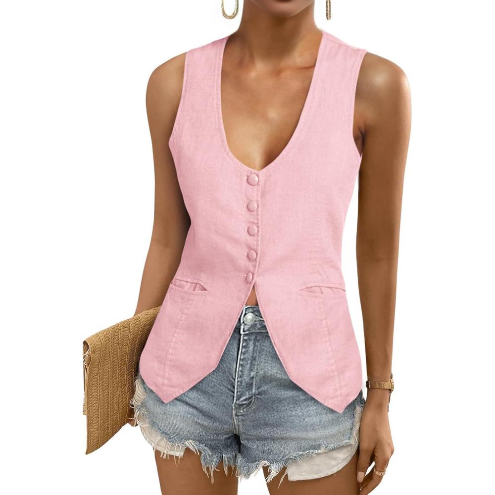 imageTankaneo Womens Scoop Neck Blazer Vest Summer Linen Sleeveless Fitted Waistcoat Work Casual Cotton Suit TopsLight Pink