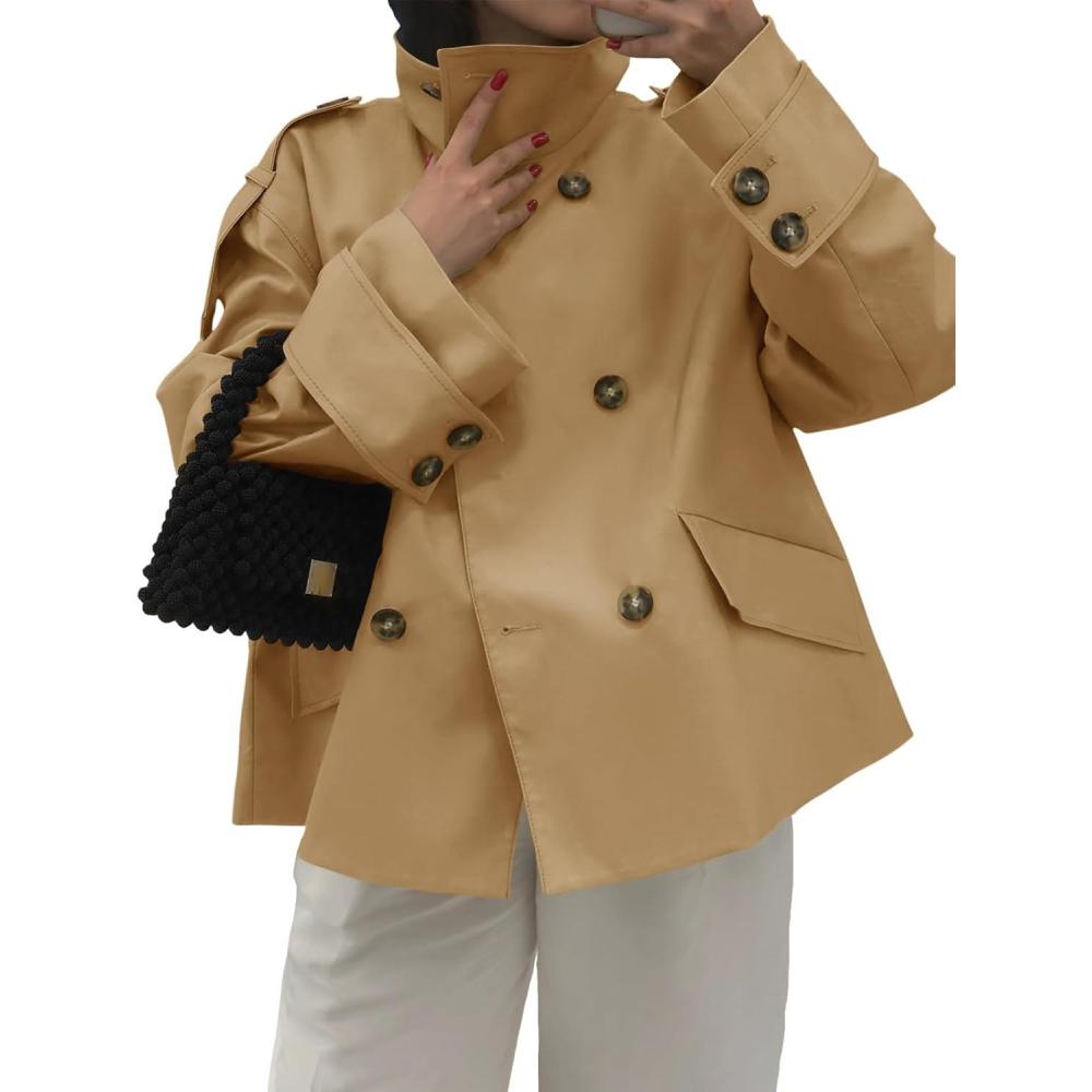 imageTankaneo Womens Short Trench Coat Oversized Double Breasted Stand Collar Cropped Jacket Fall Casual Work OuterwearKhaki