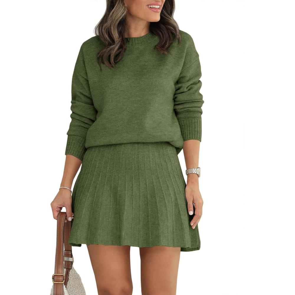 imageTankaneo Womens Skirt 2 Piece Sweater Set Long Sleeve Crewneck Sweaters Pleated Mini Skirt Knit Lounge SetsArmy Green