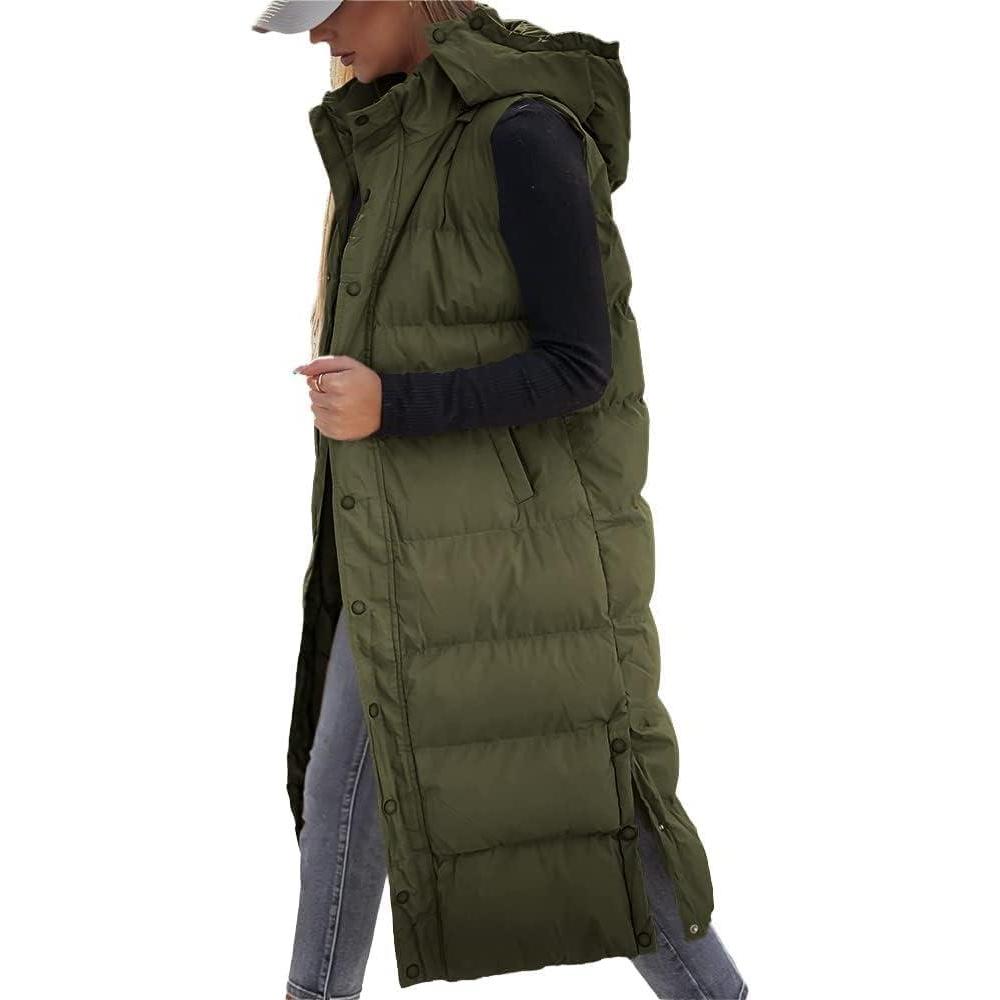 imageTankaneo Womens Sleeveless Long Quilted Vest Hooded Button Down Puff Vest Cotton Padded Jacket Winter OuterwearArmy Green