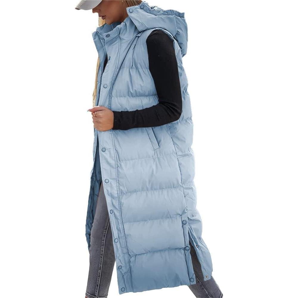 imageTankaneo Womens Sleeveless Long Quilted Vest Hooded Button Down Puff Vest Cotton Padded Jacket Winter OuterwearBlue