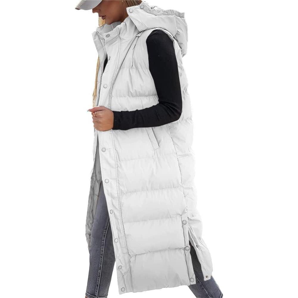 imageTankaneo Womens Sleeveless Long Quilted Vest Hooded Button Down Puff Vest Cotton Padded Jacket Winter OuterwearWhite