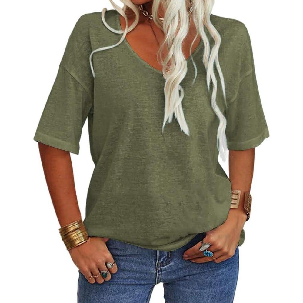 imageTankaneo Womens Summer Fashion VNeck Half Sleeves T Shirt Solid Casual Loose Basic Tunics TopsArmy Green