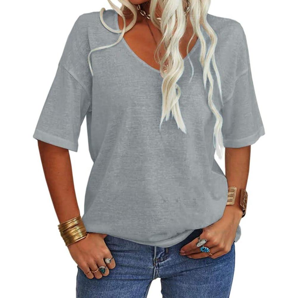 imageTankaneo Womens Summer Fashion VNeck Half Sleeves T Shirt Solid Casual Loose Basic Tunics TopsGray