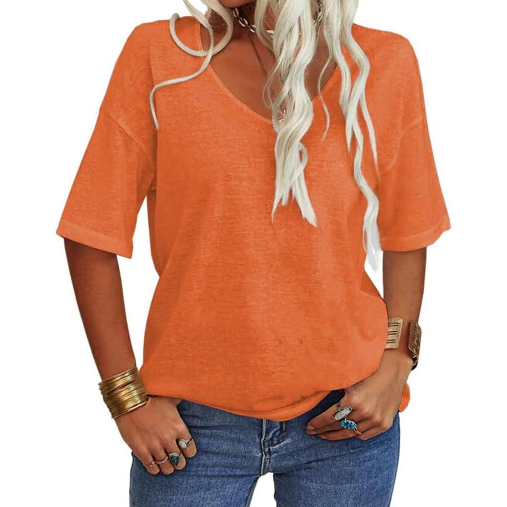 imageTankaneo Womens Summer Fashion VNeck Half Sleeves T Shirt Solid Casual Loose Basic Tunics TopsOrange