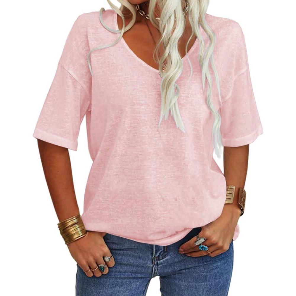 imageTankaneo Womens Summer Fashion VNeck Half Sleeves T Shirt Solid Casual Loose Basic Tunics TopsPink