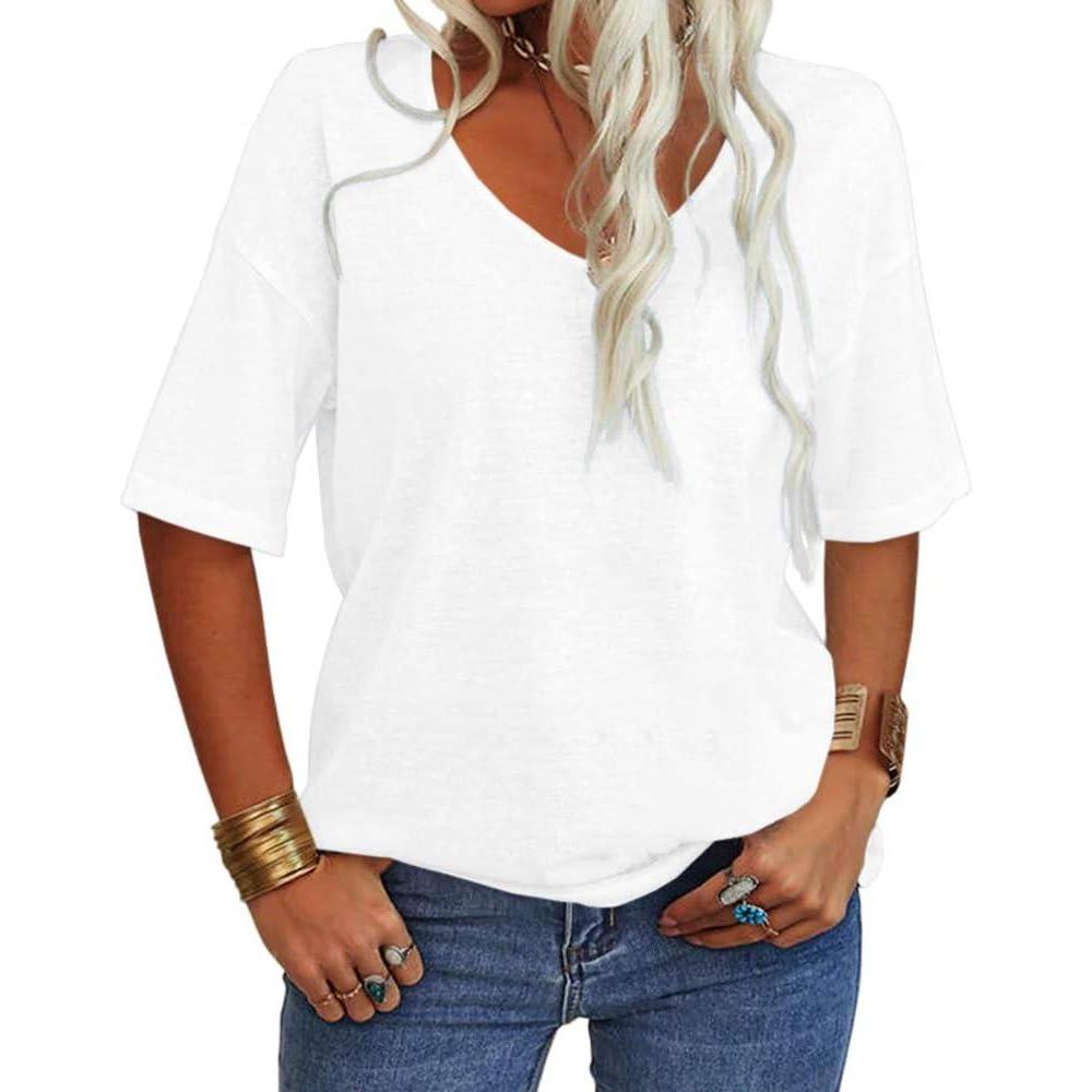 imageTankaneo Womens Summer Fashion VNeck Half Sleeves T Shirt Solid Casual Loose Basic Tunics TopsWhite