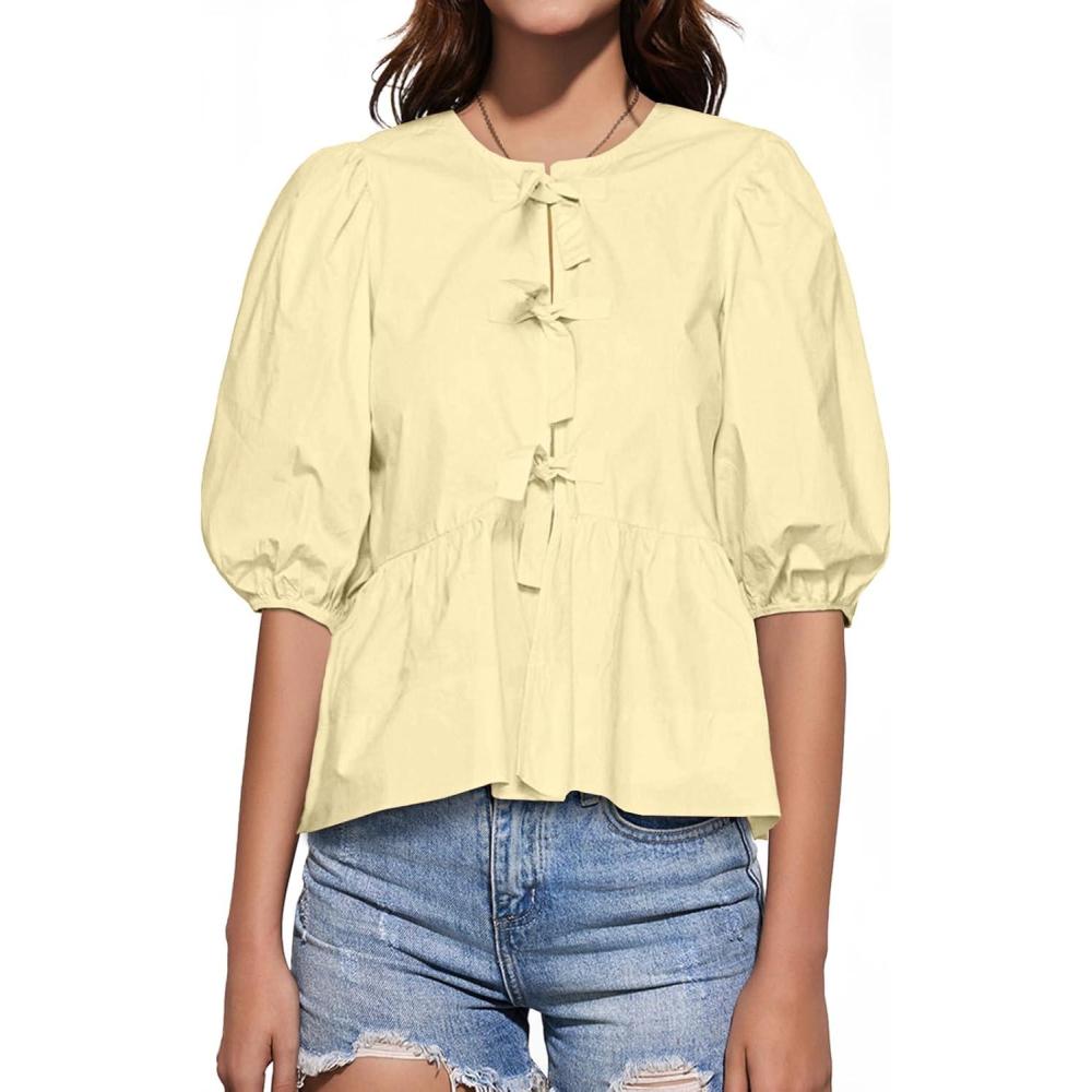 imageTankaneo Womens Tie Front Tops Summer Peplum Babydoll Puff Short Sleeve Blouse Cute Cotton ShirtsBeige