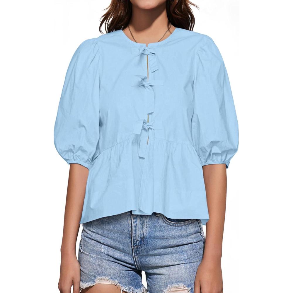 imageTankaneo Womens Tie Front Tops Summer Peplum Babydoll Puff Short Sleeve Blouse Cute Cotton ShirtsBlue