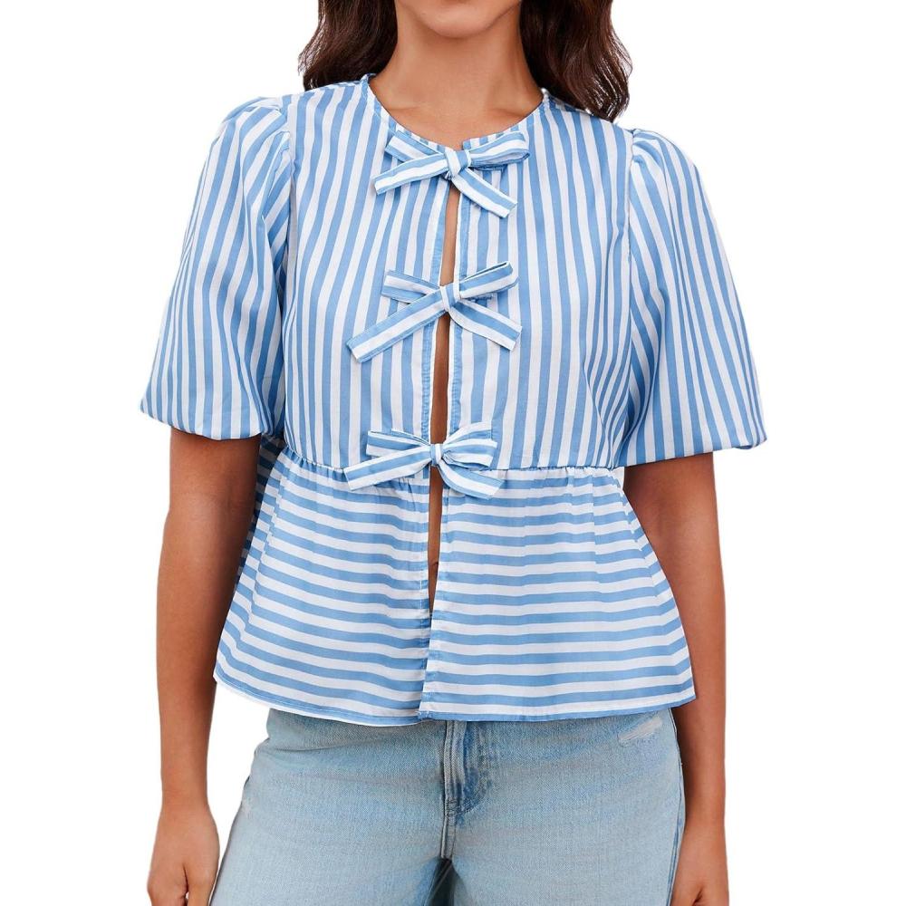 imageTankaneo Womens Tie Front Tops Summer Peplum Babydoll Puff Short Sleeve Blouse Cute Cotton ShirtsBlue Striped