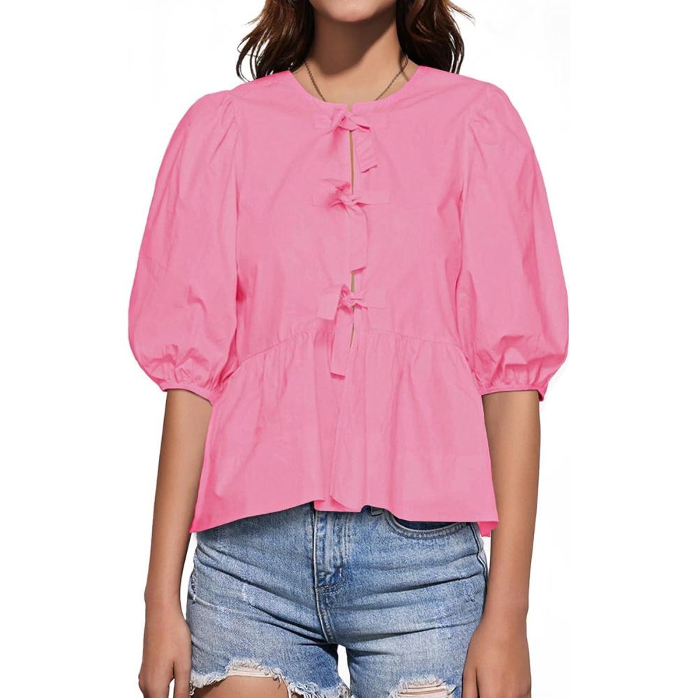 imageTankaneo Womens Tie Front Tops Summer Peplum Babydoll Puff Short Sleeve Blouse Cute Cotton ShirtsHot Pink