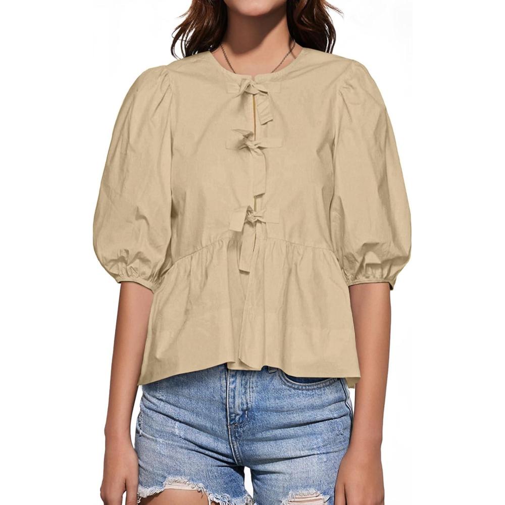 imageTankaneo Womens Tie Front Tops Summer Peplum Babydoll Puff Short Sleeve Blouse Cute Cotton ShirtsKhaki