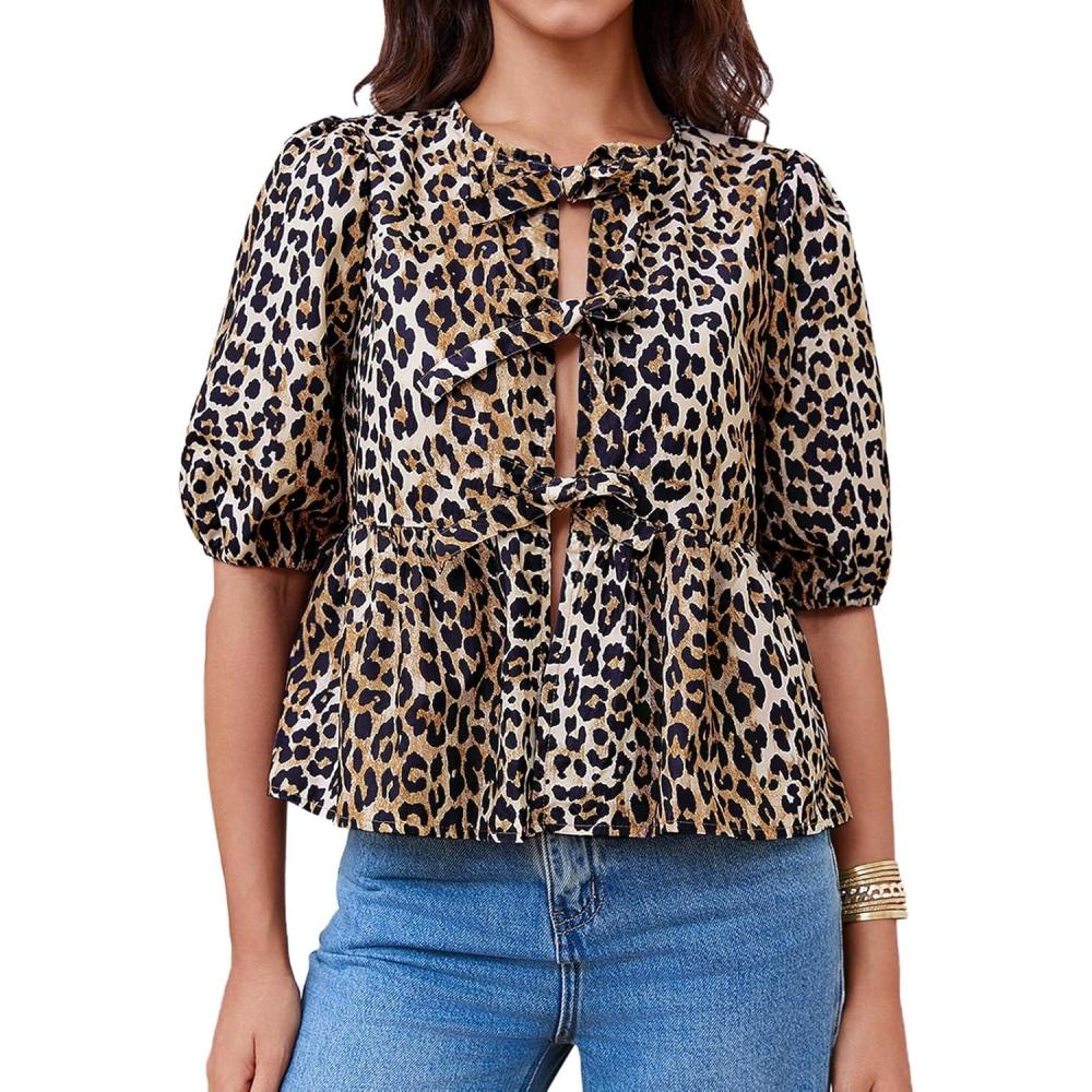 imageTankaneo Womens Tie Front Tops Summer Peplum Babydoll Puff Short Sleeve Blouse Cute Cotton ShirtsLeopard