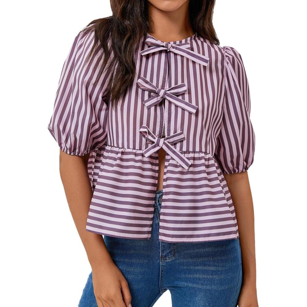 imageTankaneo Womens Tie Front Tops Summer Peplum Babydoll Puff Short Sleeve Blouse Cute Cotton ShirtsLilac Striped