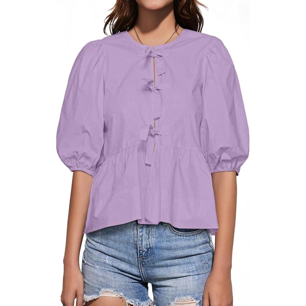 imageTankaneo Womens Tie Front Tops Summer Peplum Babydoll Puff Short Sleeve Blouse Cute Cotton ShirtsPurple