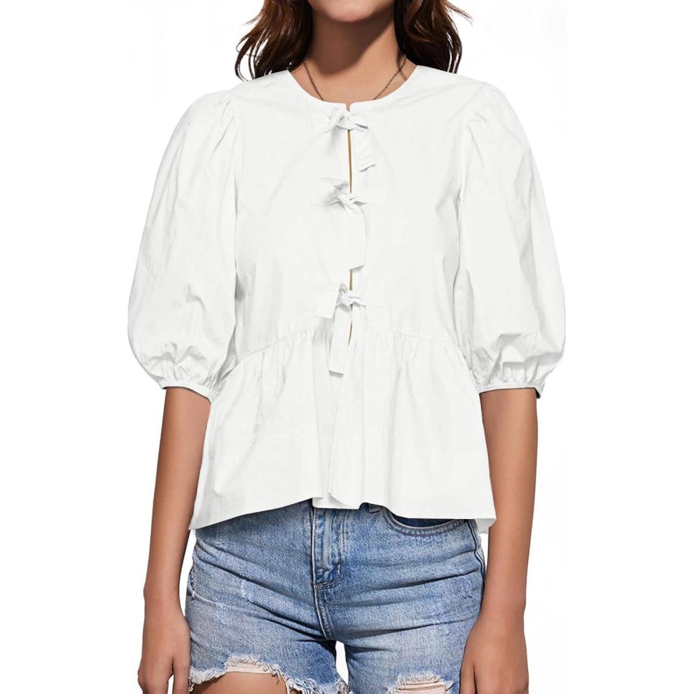 imageTankaneo Womens Tie Front Tops Summer Peplum Babydoll Puff Short Sleeve Blouse Cute Cotton ShirtsWhite
