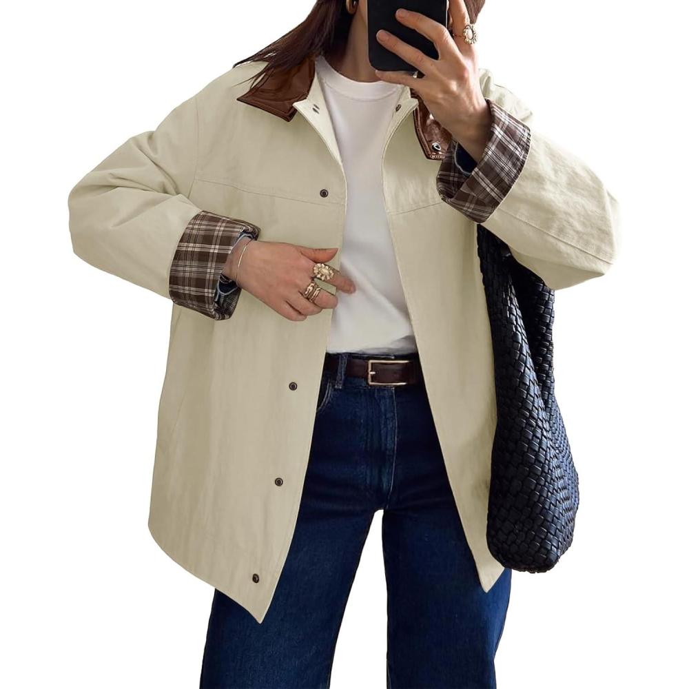 imageTankaneo Womens Trench Coat Oversized Fall Barn Jacket Leather Collar Plaid Color Block Windproof Overcoat