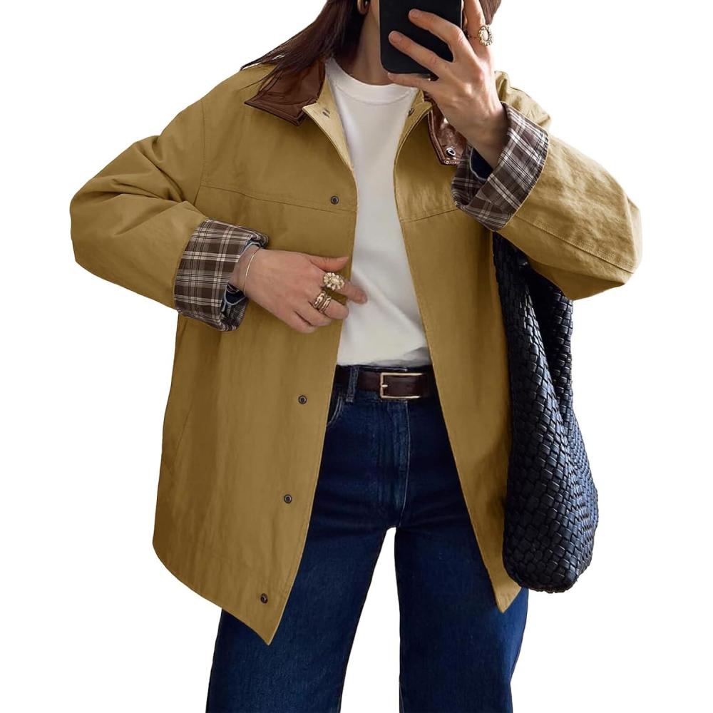 imageTankaneo Womens Trench Coat Oversized Fall Barn Jacket Leather Collar Plaid Color Block Windproof OvercoatCamel