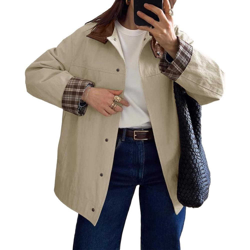 imageTankaneo Womens Trench Coat Oversized Fall Barn Jacket Leather Collar Plaid Color Block Windproof OvercoatKhaki