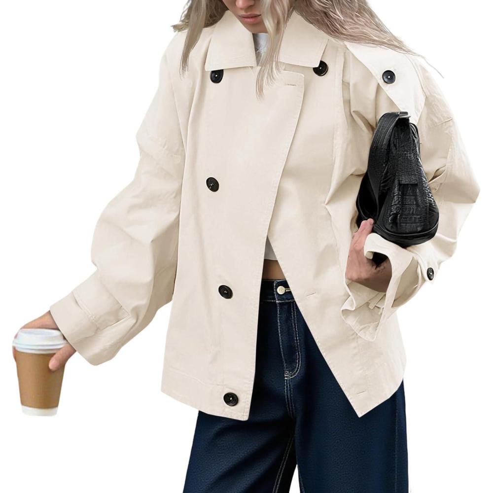 imageTankaneo Womens Trench Coat Single Breasted Lapel Casual Oversized Coats Short Jacket Fall OuterwearApricot