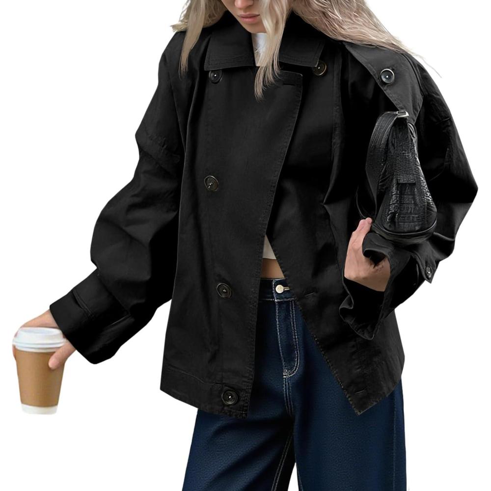 imageTankaneo Womens Trench Coat Single Breasted Lapel Casual Oversized Coats Short Jacket Fall OuterwearBlack