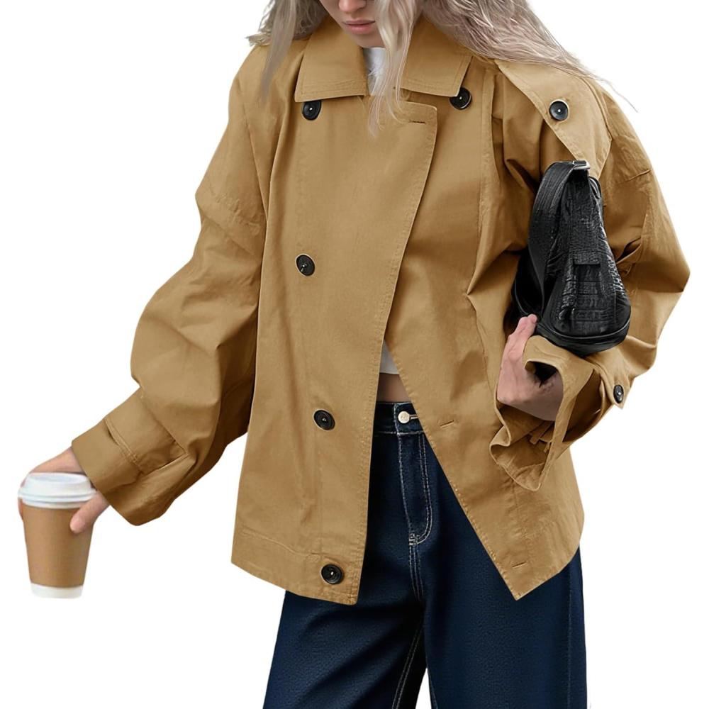 imageTankaneo Womens Trench Coat Single Breasted Lapel Casual Oversized Coats Short Jacket Fall OuterwearCamel