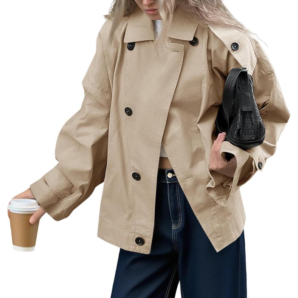 imageTankaneo Womens Trench Coat Single Breasted Lapel Casual Oversized Coats Short Jacket Fall OuterwearLight Khaki