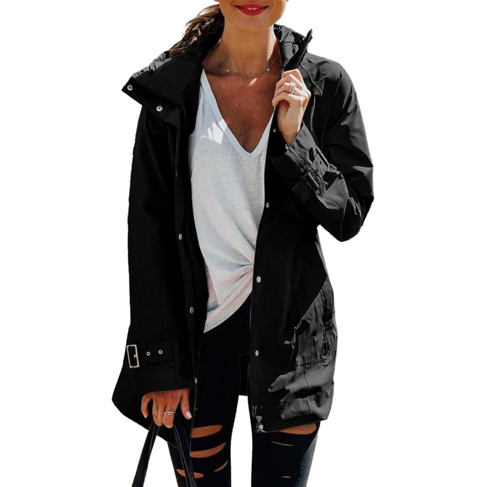 imageTankaneo Womens Trench Coat Zip Up Long Sleeve Hooded Jacket Casual Windproof Outwear with PocketsBlack