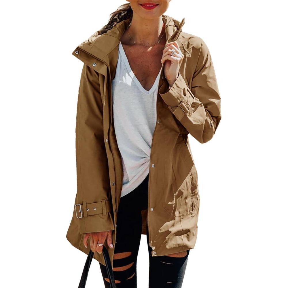 imageTankaneo Womens Trench Coat Zip Up Long Sleeve Hooded Jacket Casual Windproof Outwear with PocketsBrown