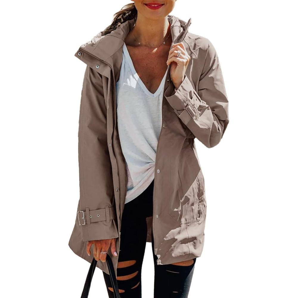 imageTankaneo Womens Trench Coat Zip Up Long Sleeve Hooded Jacket Casual Windproof Outwear with PocketsKhaki